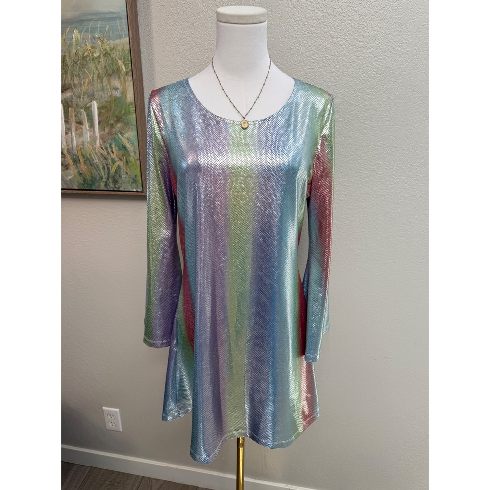 Holographic Rainbow Metallic Mini Dress Bell Sleeves Rave Festival Fairycore M